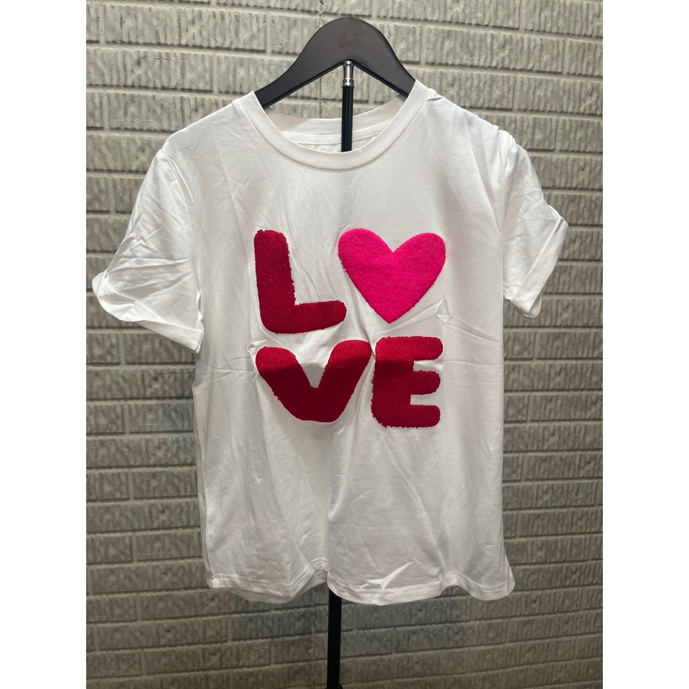 White LOVE Heart‎ Graphic TShirt Short Sleeve Casual Top Women's Size S